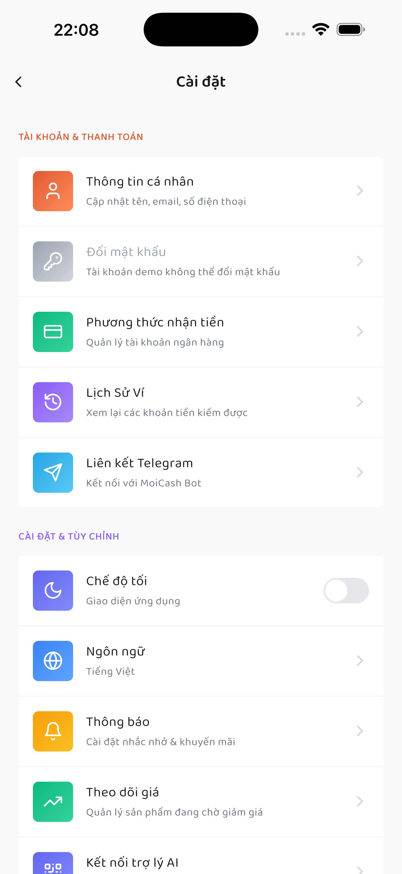 Trang Cài đặt trên MoiCash với các nhóm tài khoản và tùy chỉnh