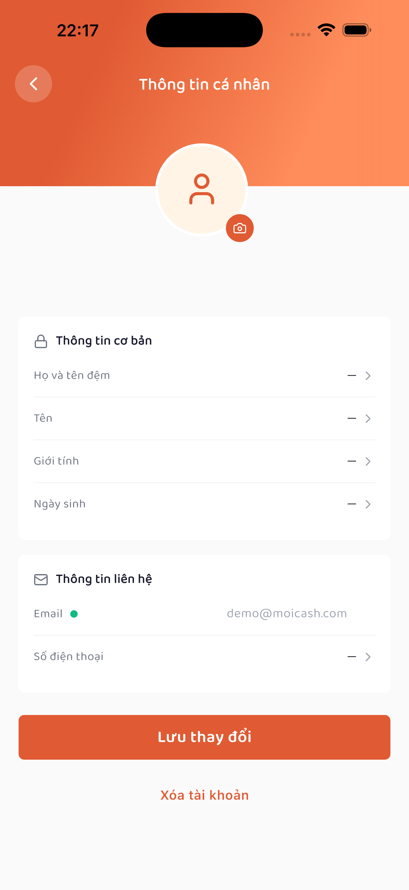 Trang Thông tin cá nhân với avatar và các trường hồ sơ