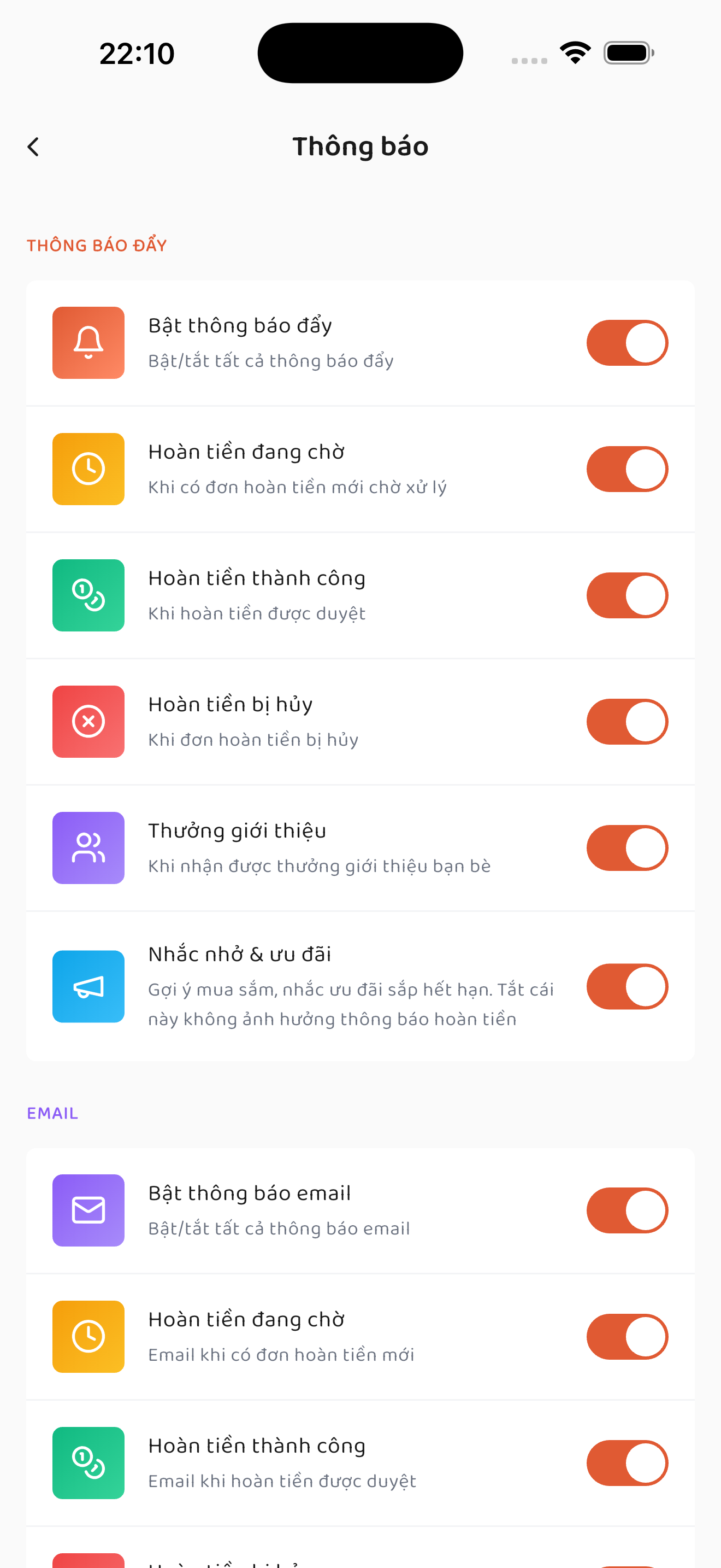 Trang cài đặt thông báo với các công tắc theo kênh push và email
