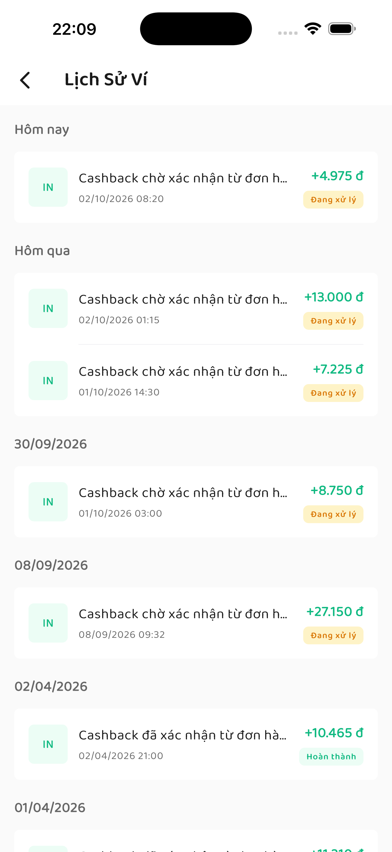 Lịch sử ví với các khoản cashback theo ngày