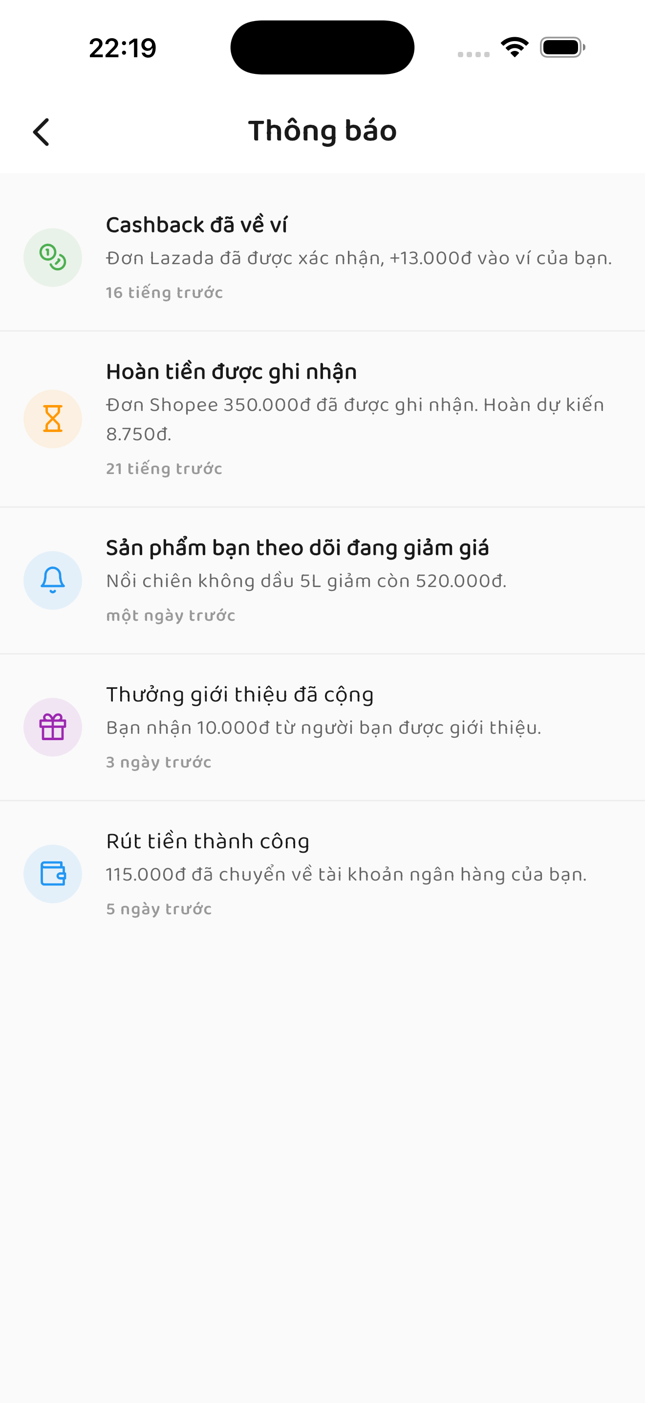 Danh sách thông báo trong app MoiCash