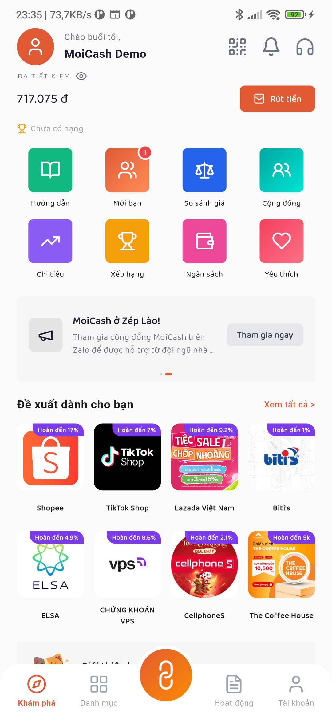 Biểu tượng mã QR ở góc trên bên phải màn hình chính MoiCash