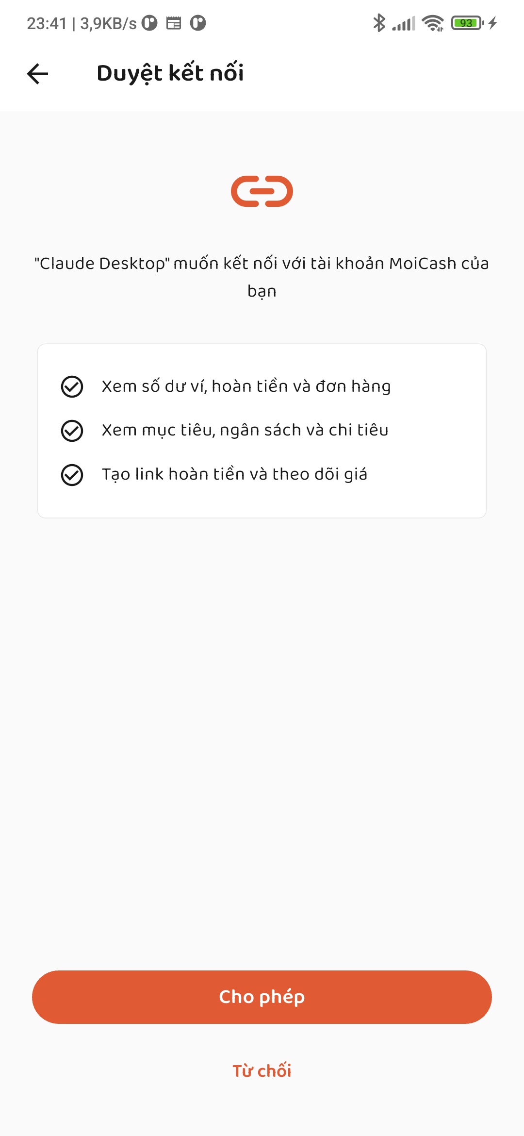 Màn hình Duyệt kết nối liệt kê các quyền trợ lý AI được cấp