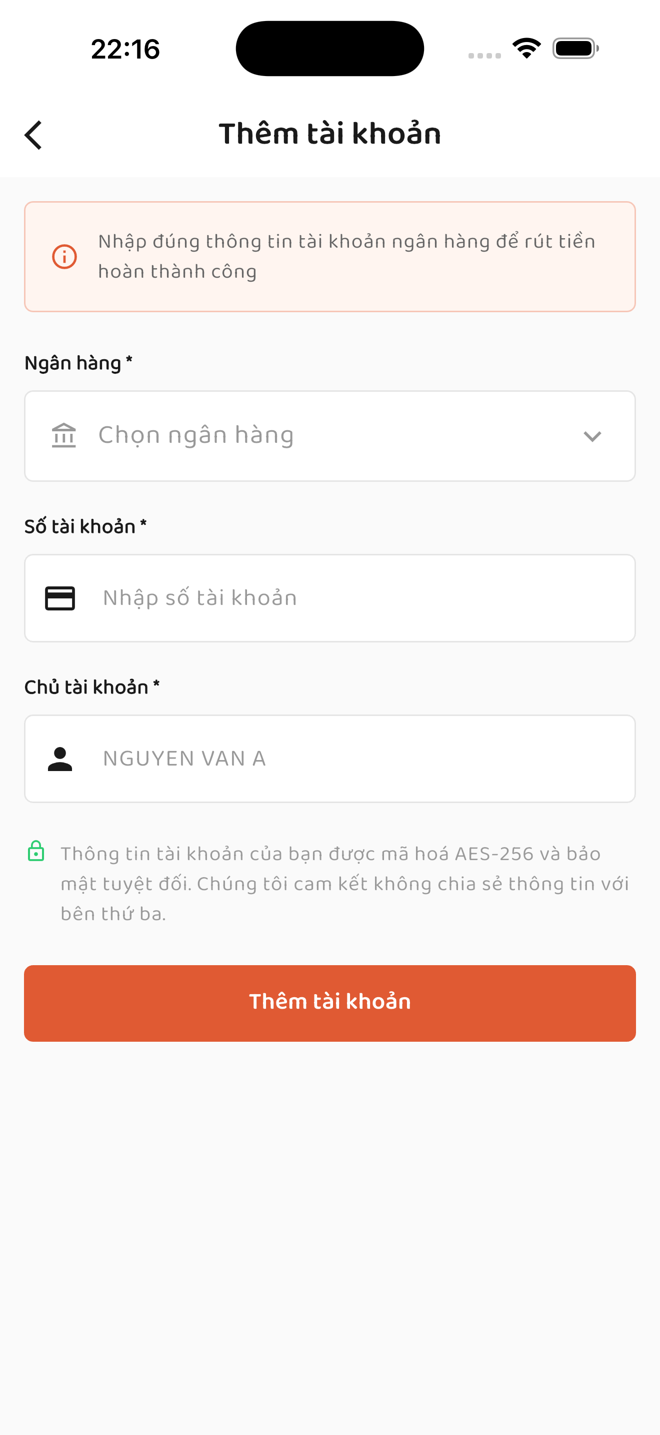 Form thêm tài khoản ngân hàng trên MoiCash