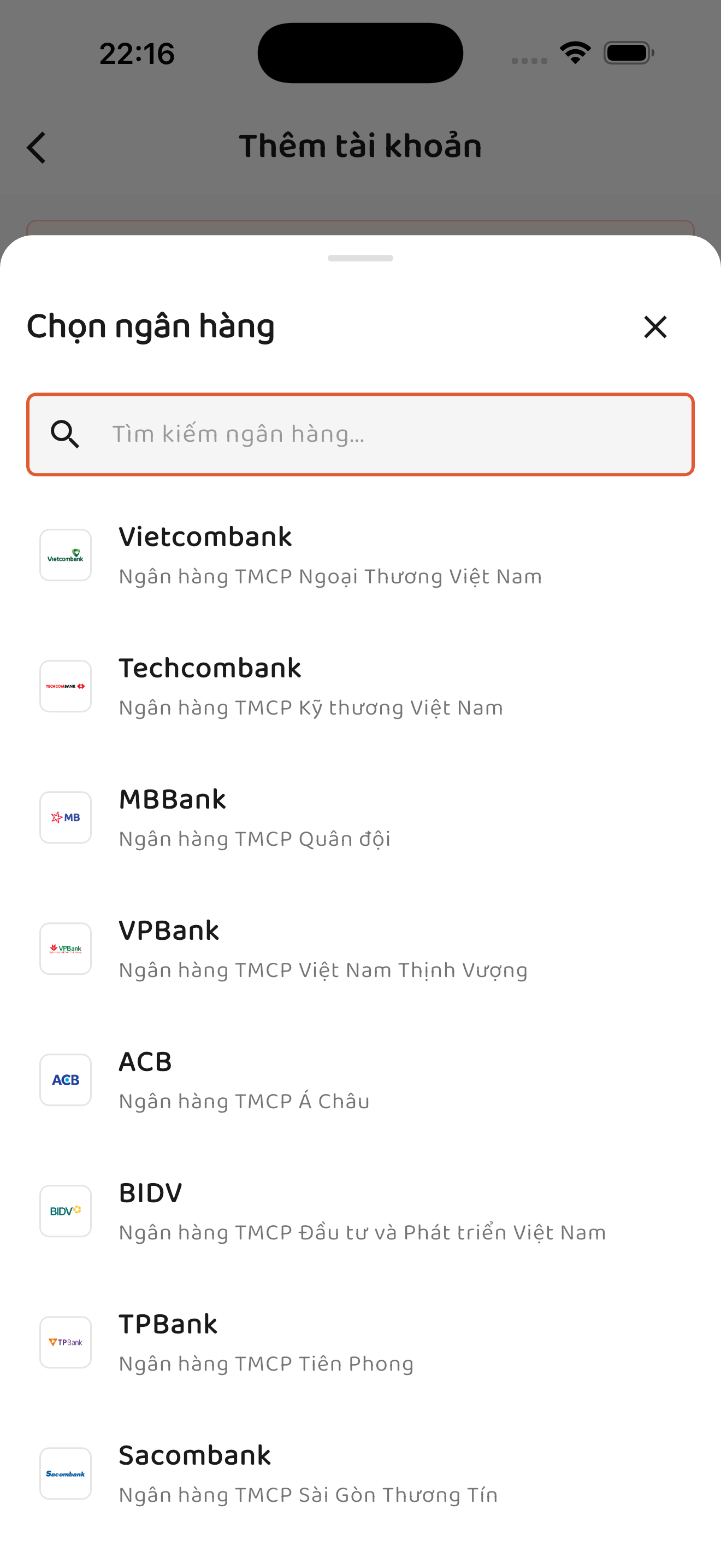 Danh sách ngân hàng có ô tìm kiếm