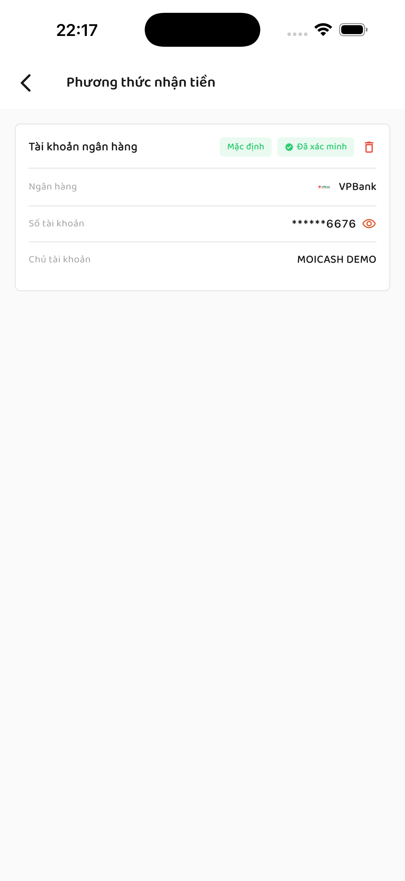 Tài khoản VPBank đã xác minh trong Phương thức nhận tiền