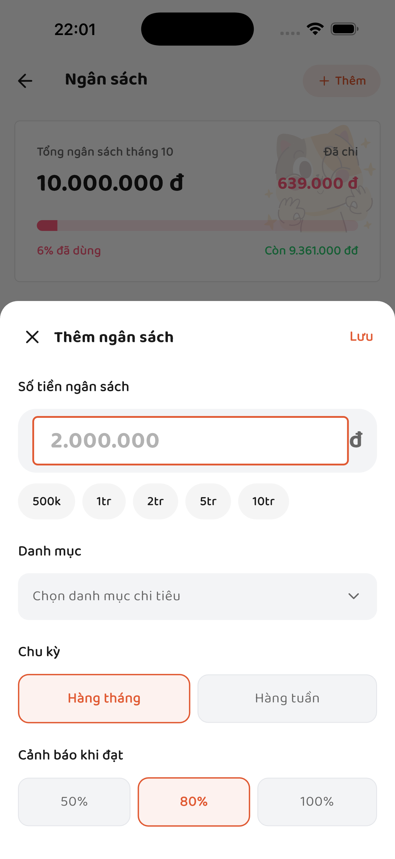 Form thêm ngân sách với danh mục, chu kỳ và ngưỡng cảnh báo