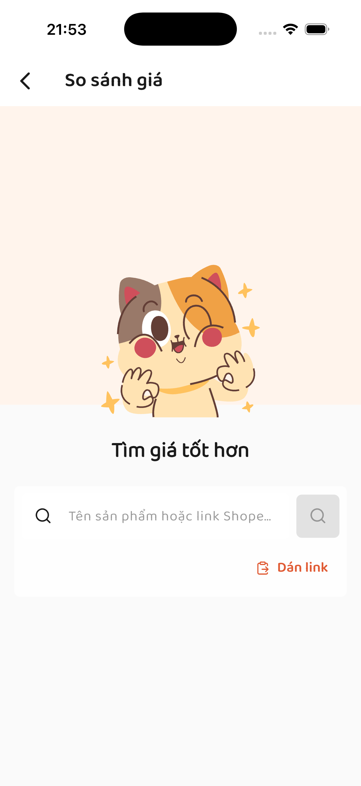 Màn hình So sánh giá khi nhập tên sản phẩm hoặc dán link
