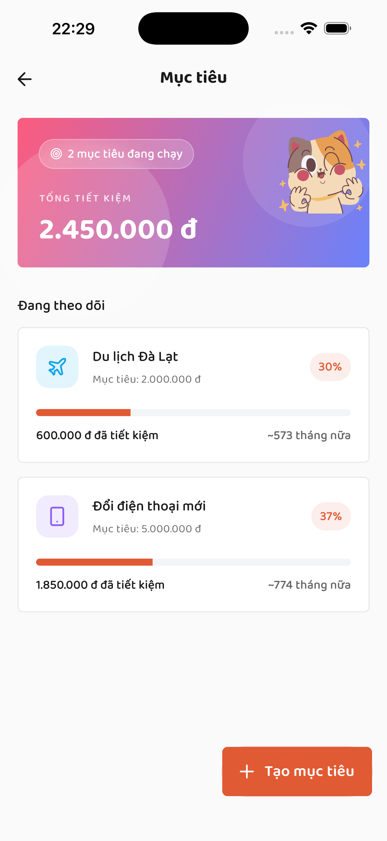 Danh sách mục tiêu đang theo dõi trên MoiCash