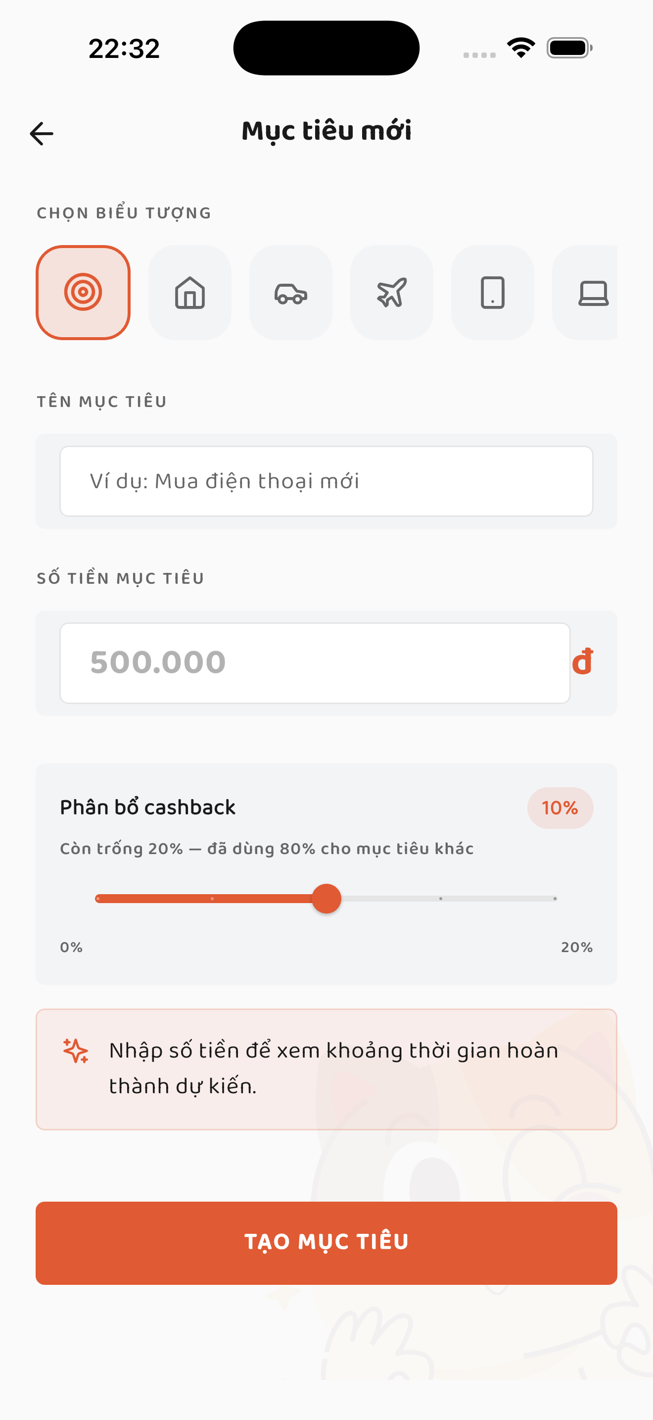 Form tạo mục tiêu mới trên MoiCash