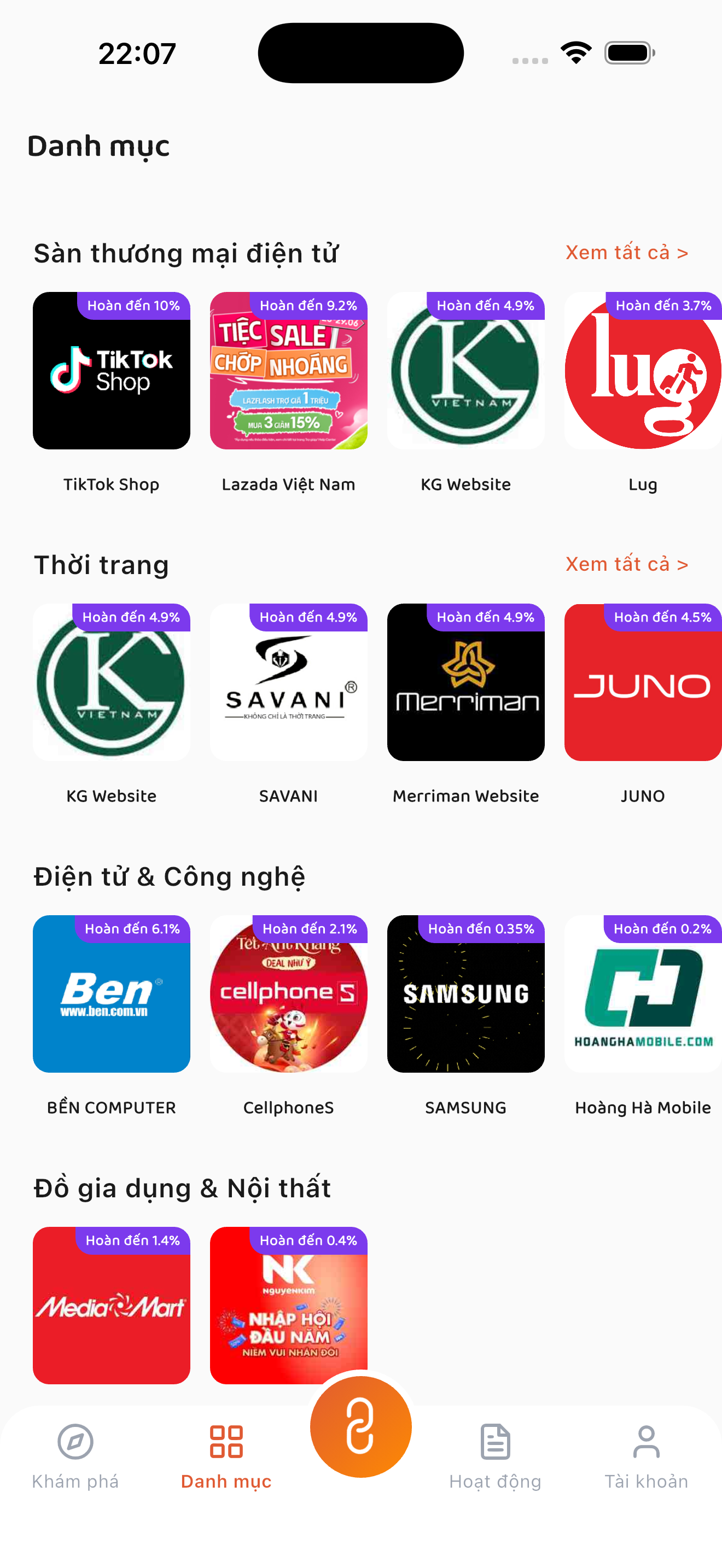 Tab Danh mục với thương hiệu xếp theo nhóm