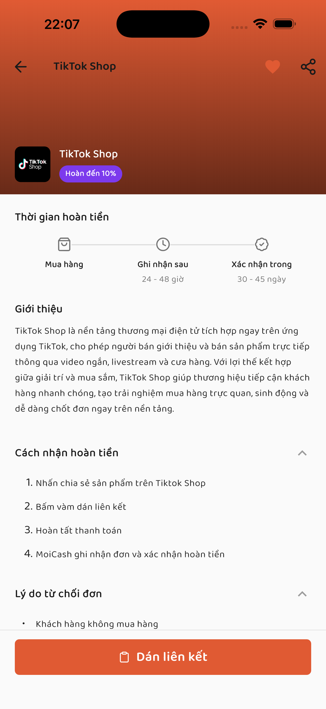 Trang chi tiết thương hiệu TikTok Shop với nút tim yêu thích