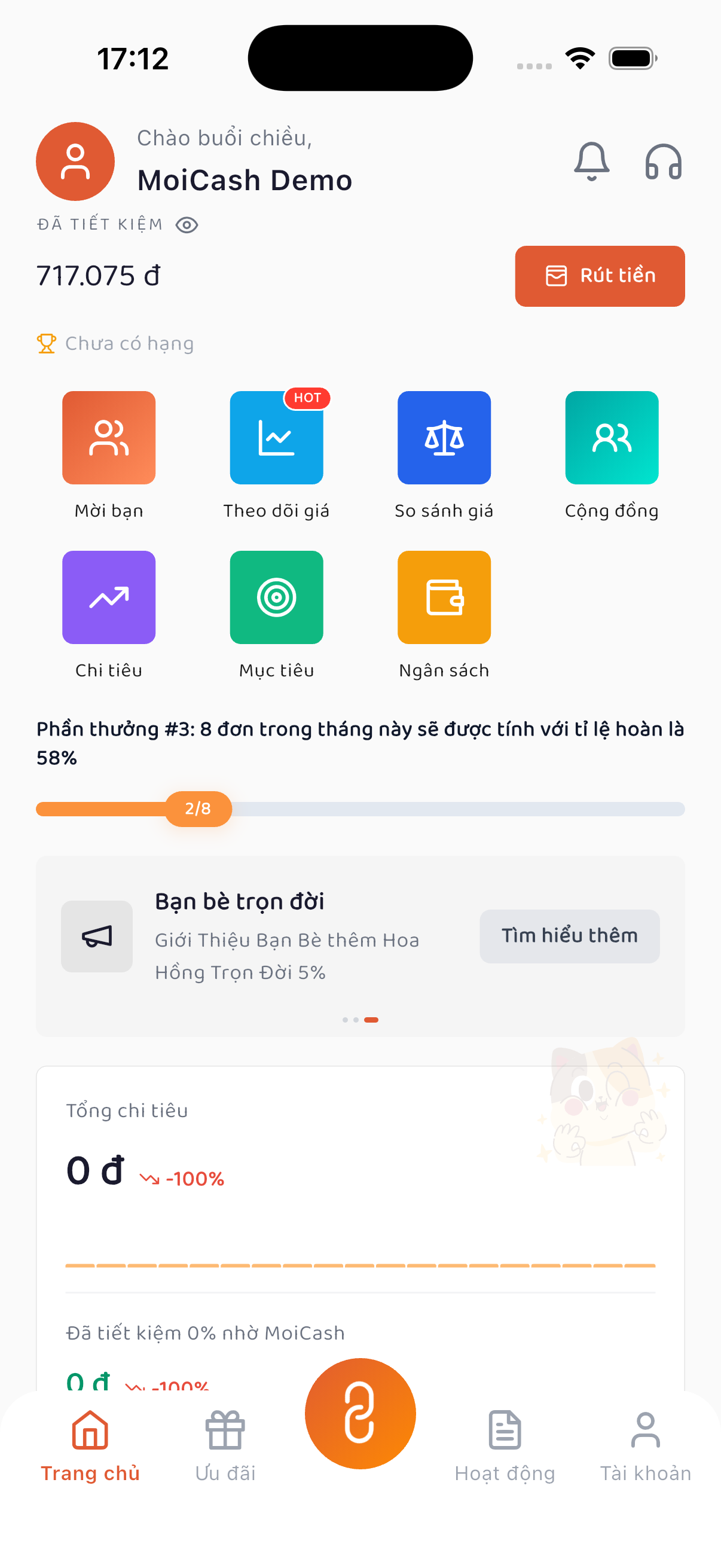 Màn hình Trang chủ có lối tắt Theo dõi giá
