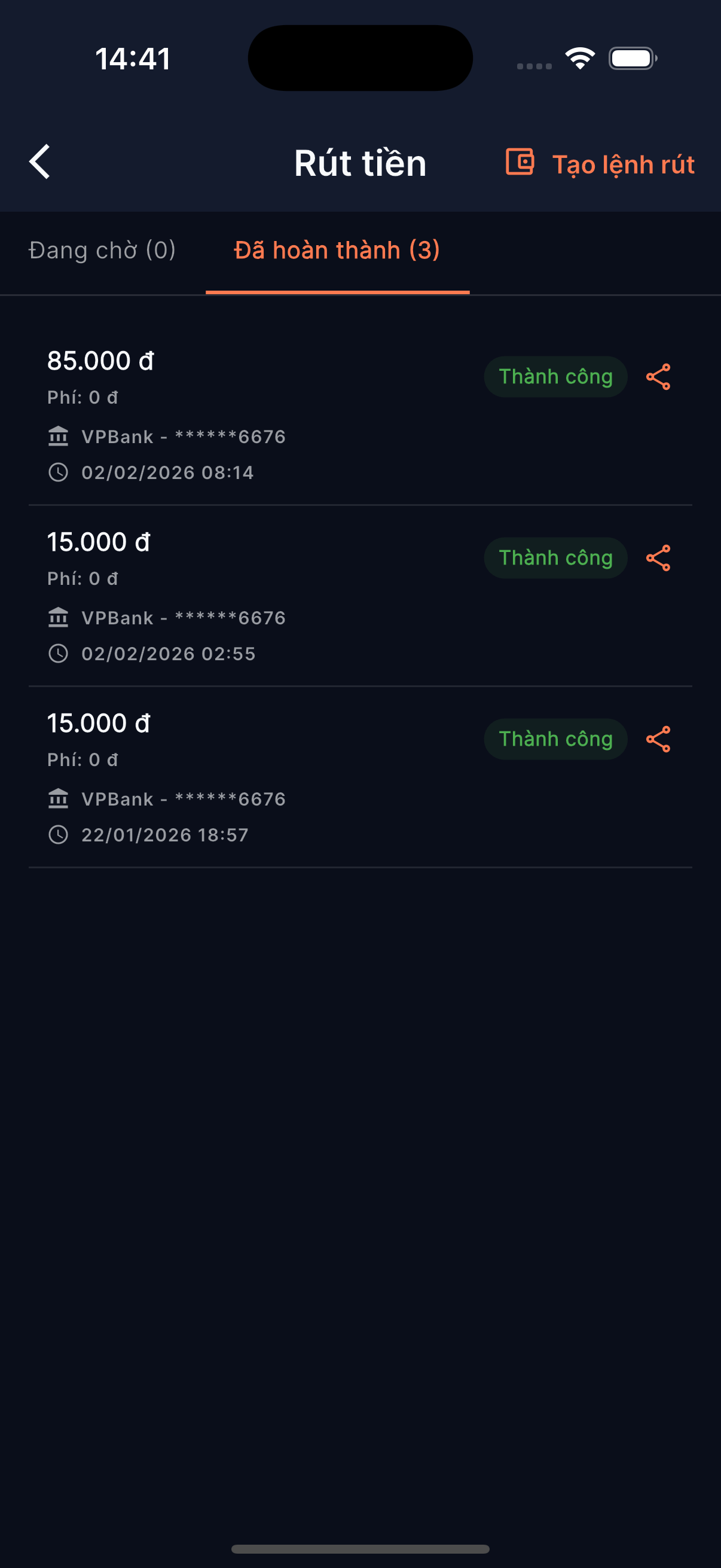 Lịch sử rút tiền với icon chia sẻ