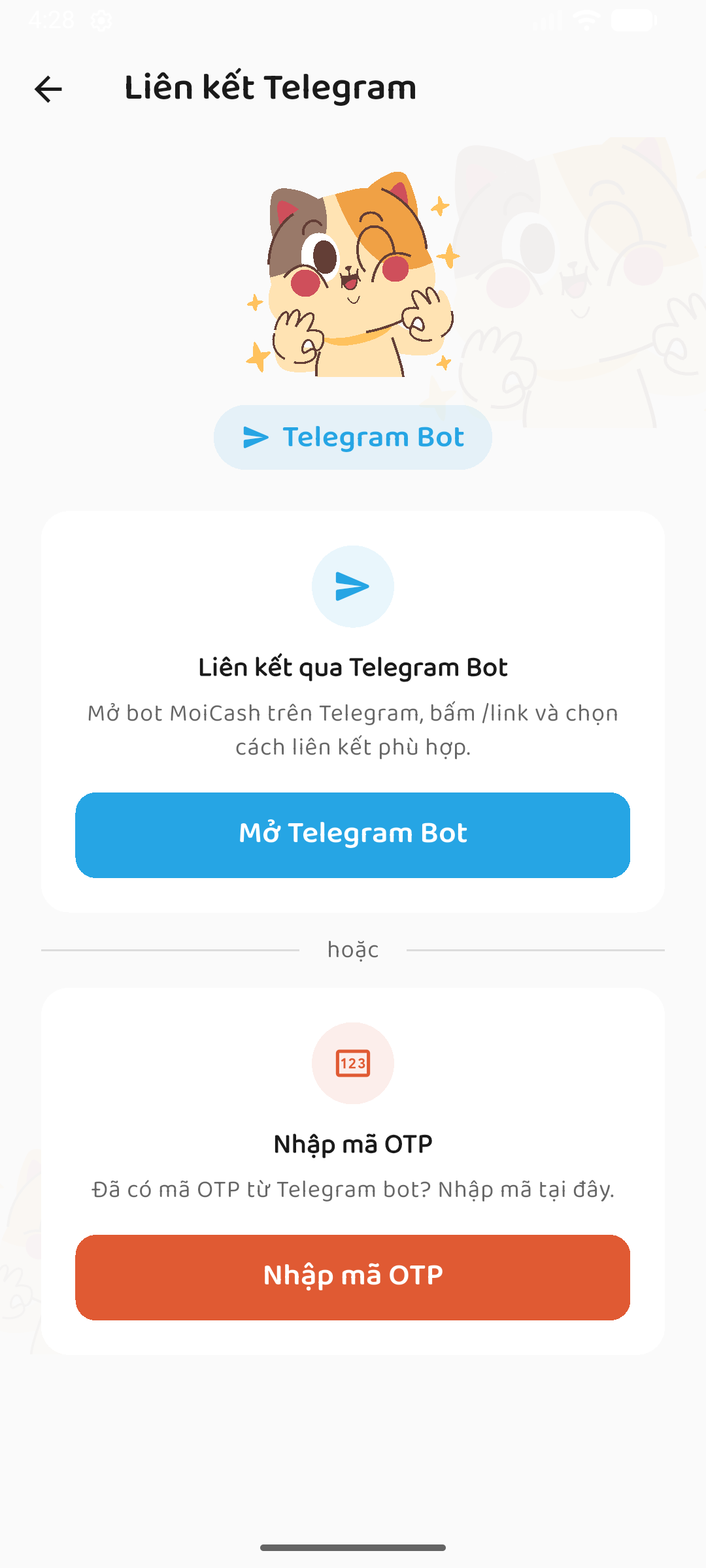 Màn hình Liên kết Telegram trong app MoiCash