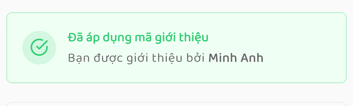 Thông báo đã áp dụng mã giới thiệu thành công trong app MoiCash